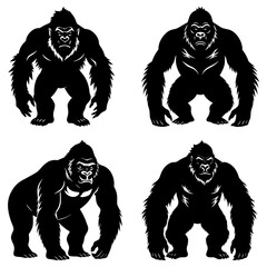 Four gorilla silhouettes in different poses showcasing strength and primal power in black and white style