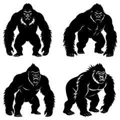 Four gorilla illustrations in black silhouette showing different poses and expressions on a white background