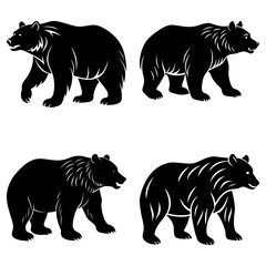 Four black bear silhouettes depicted walking in a side profile view on a white background design art