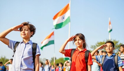 Children saluting with Indian flags during Republic Day celebration  