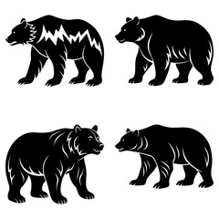 Four black bear illustrations in different poses with varying fur patterns on a white background image