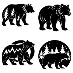Four black bear silhouettes with different designs and backgrounds in vector format art work