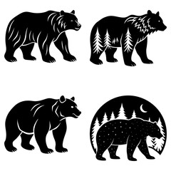 Four stylized black bear illustrations with different patterns and background elements shown here