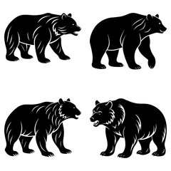 Four black bear illustrations in various poses isolated on a white background showing wildlife animals