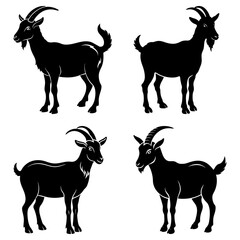 Silhouette illustration showing four goats in various poses against a white background design element