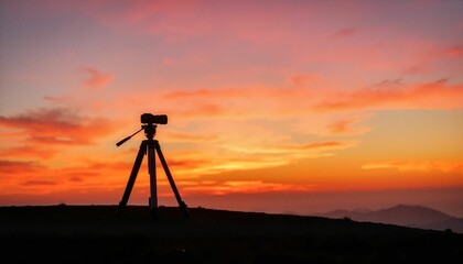 Camera on tripod silhouetted against colorful sunset sky  