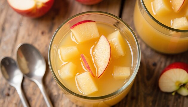 Refreshing apple juice with diced apples in glass on wooden table  