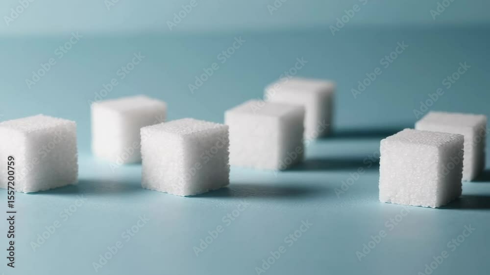 Poster white sugar cubes gradually isolate themselves from a group on a seamless light blue background, sym