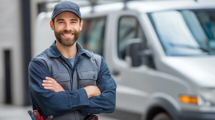 Smiling Technician Standing By Work Van