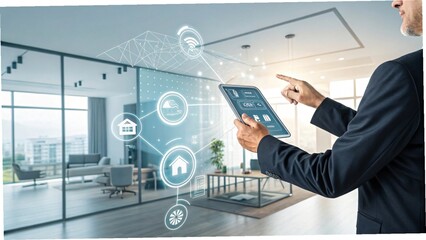 Real estate agent using futuristic touchscreen tablet to control smart home automation in modern office with digital HUD interface and virtual icons.