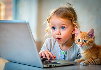 Fototapeta premium Young girl amazed while using laptop with kitten by her side 