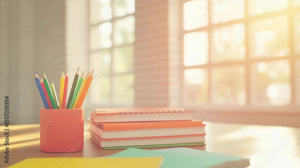 Poster Colorful pencils resting in a container on a desk beside a stack of notebooks, illuminated by warm sunlight streaming through a window, evoke a back to school atmosphere