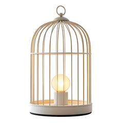A modern birdcage lamp with light perched like a bird inside., isolated on a transparent background