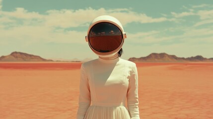 A woman in a spacesuit stands on a red planet.