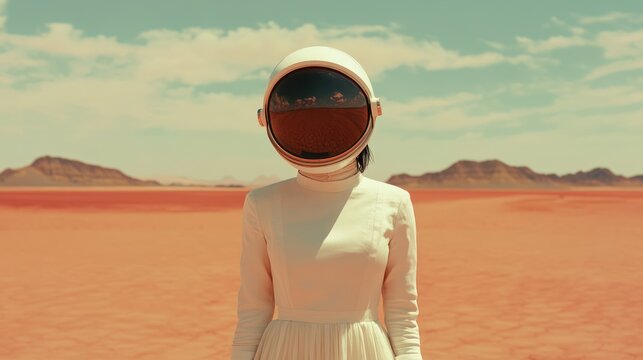 A woman in a spacesuit stands on a red planet.
