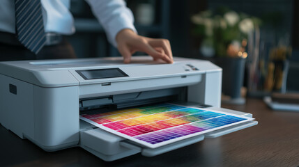 Office Worker Printing Marketing Materials in a Modern Office Setup