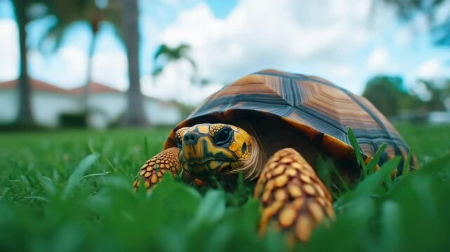 A box turtle resting on grass. Part of a larger ecosystem, these reptiles are commonly found in natural habitats.