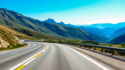 The mountain highway leads through majestic landscapes under a clear sky. The photo symbolizes movement, discovery and the path. The theme is adventure and infrastructure.