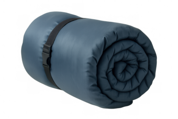 Rolled up blue camping mat secured with a black strap, isolated on transparent background, ready for outdoor adventures