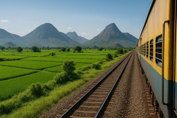 Scenic landscape of towering mountains seen from a train passing over lush farmland