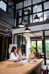 Confident youg businesswoman teaching interns or helping new employees in the organization, using...