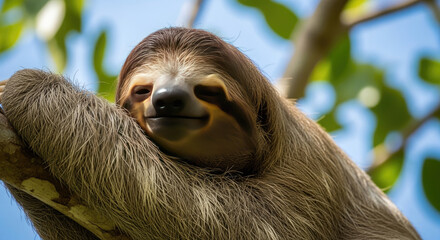 Fototapeta premium Adorable Three Toed Sloth Resting Peacefully On Tree Branch