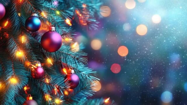 Christmas tree branch with colorful bauble ornament and glowing lights, festive holiday decoration, sparkling bokeh, joyful magical mood, illuminated pine, cheerful seasonal winter celebration