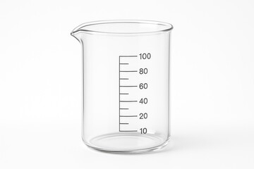 Clear glass beaker placed on a plain white surface