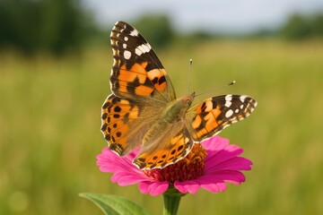 Vibrant butterfly detailed shot amidst lush pink flora in a rural setting