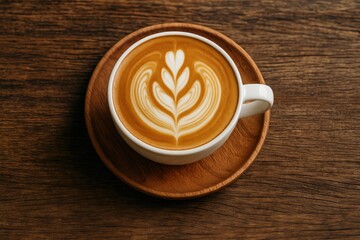 A steaming cappuccino featuring intricate latte art served on a rustic wooden surface
