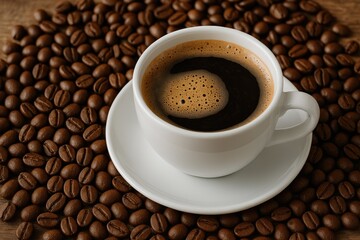 Obraz premium Freshly brewed coffee in a white cup with coffee beans on the side
