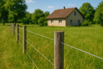 Fototapeta premium Surrounding a rural area with extended wire fencing