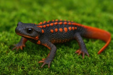Fototapeta premium Detailed view of an adult Red-tailed Knobby Newt on lush green moss