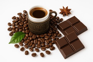 Coffee beans paired with chocolate on a plain white surface