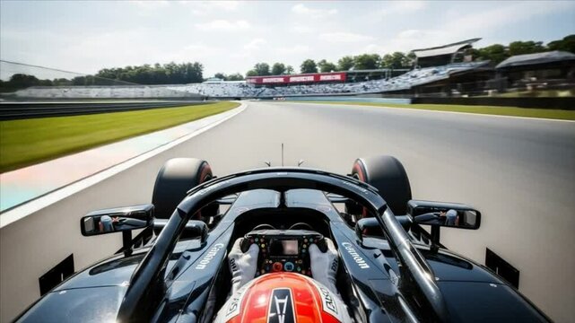 A Formula One race car speeds down a track, viewed from the driver's perspective.