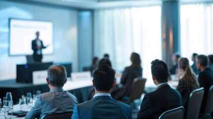 Presenter Presenting on Stage at Conference Meeting. Professional Lecture with Attendees. Blurred De-focused Unidentifiable Presenter and Audience. Corporate Executive Manager Speaker