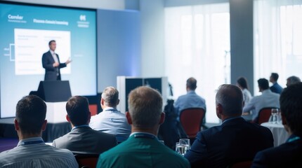 Presenter Presenting on Stage at Conference Meeting. Professional Lecture with Attendees. Blurred De-focused Unidentifiable Presenter and Audience. Corporate Executive Manager Speaker
