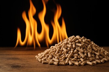 Dark backdrop with flickering flames illuminating a pile of wood pellets on a rustic surface, highlighting natural renewable energy