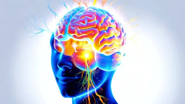 The brain's bright neural connections are shown. Red neural pathways light up and pulsate with energy as neural connections located at the base of the brain dynamically move and shift.