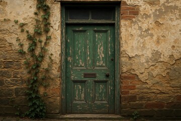 Fototapeta premium Detailed shot of a neglected green front entrance with a crumbling stone wall