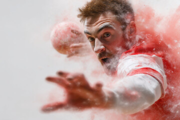 Fototapeta premium dynamic portrait of handball player captured in moment of throw with player positioned on left side of frame