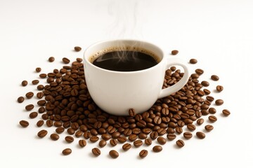 Fototapeta premium A white surface featuring a coffee cup alongside scattered coffee beans