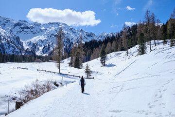 March 2025: Scenic view of snow covered mountains against sky, Fassa Valley.