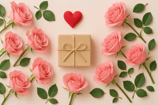 Celebration backdrop for special occasions featuring pink roses and vintage gift boxes, perfect for Mother's Day, Women's Day, Valentine's Day, or birthdays with a spring-inspired flat lay from a top