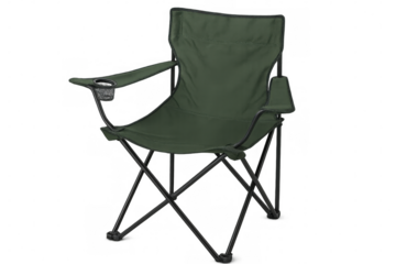 Green folding camping chair featuring cup holder, positioned against transparent background for recreational outdoor use