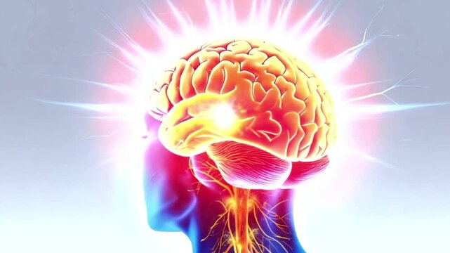 The brain's bright neural connections are shown. Red neural pathways light up and pulsate with energy as neural connections located at the base of the brain dynamically move and shift.