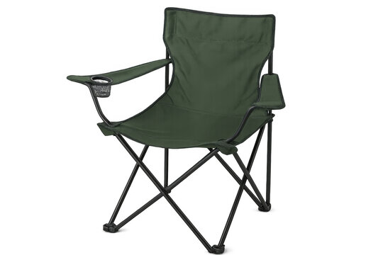 Green folding camping chair featuring cup holder, positioned against transparent background for recreational outdoor use - Powered by Adobe