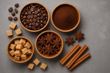 Fototapeta premium A flat lay of wooden bowls filled with coffee beans, ground coffee, brown sugar, star anise, and cinnamon against a gray backdrop with space for text
