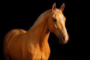 Fototapeta premium Elegant depiction of a beautiful palomino isabelline warmblood horse against a dark backdrop