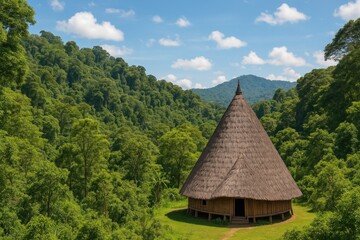 Lush woodland and a rustic dwelling in a remote region of Indonesia
